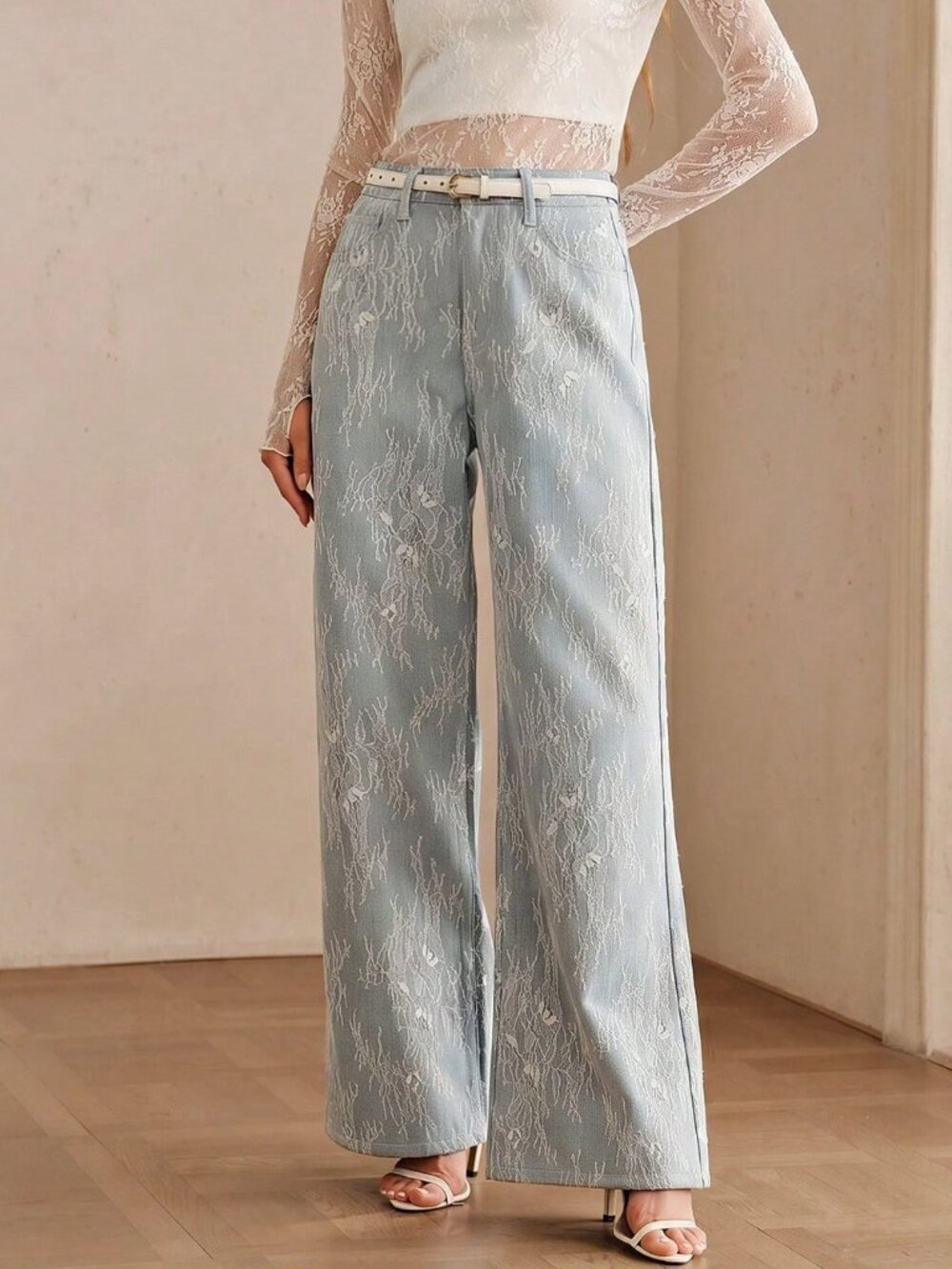 Blue Casual Women's High Waist Wide Leg Lace Denim Jeans - Picture 3 of 6